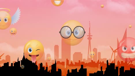 Animation-Von-Emoji-Symbolen,-Die-über-Das-Silhouettierte-Stadtbild-Auf-Rosa-Fliegen