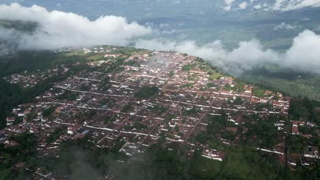 Aerial-View-of-Barichara,-Heritage-Town-in-Colombian-Andes,-Cityscape-and-Landscape,-High-Rise-Drone-Shot