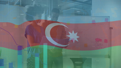 Animation-of-flag-of-azerbaijan-over-data-processing-and-african-american-business-people-in-office