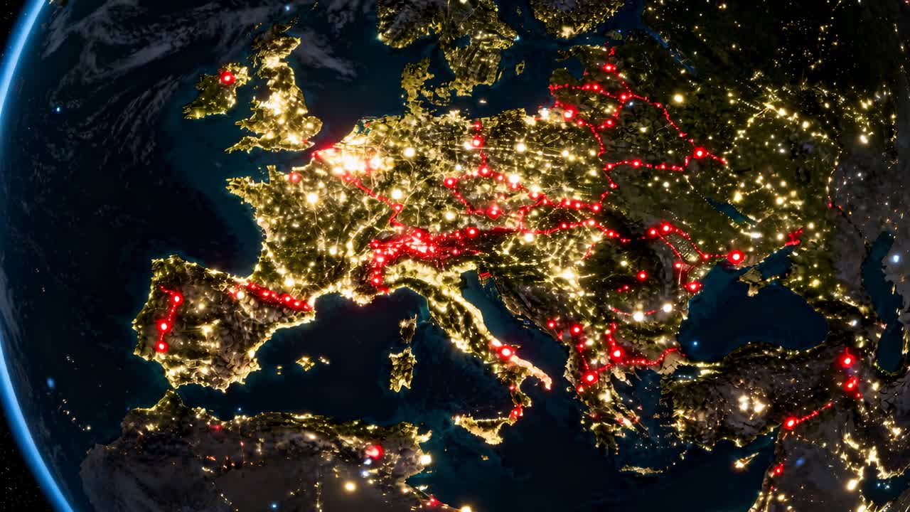 Simulazione che inizia con una rotazione orbitale che ingrandisce sull'Europa, rivelando le luci delle città, nodi rossi pulsanti