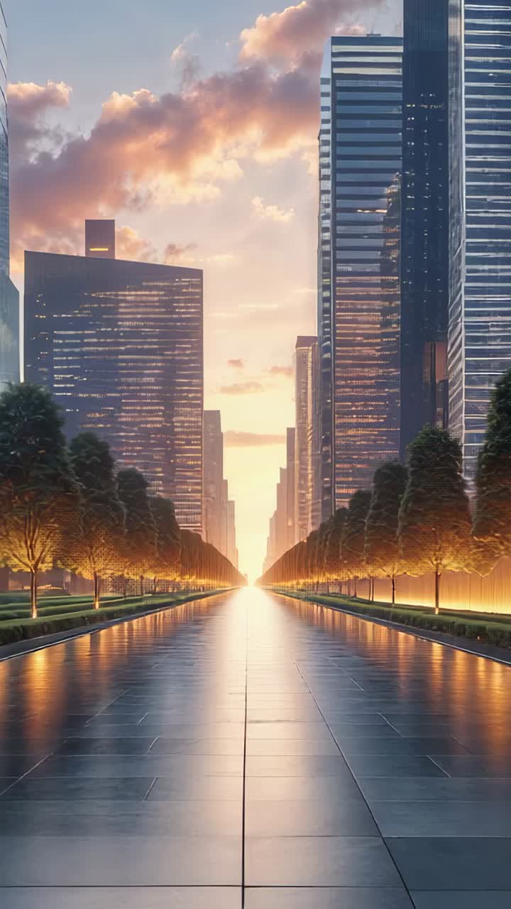 Vertical video: Sun descending behind skyscrapers, illuminating tiled plaza and trees under clouds