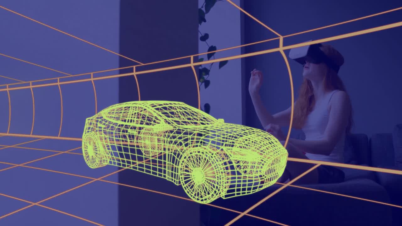 가정에서 vr 헤드 ⁇ 을 착용한 여성의 3d 기술 도면의 애니메이션