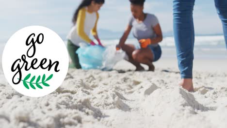 animatie van go green tekst en logo over diverse vrouwen die vuilnis van het strand ophalen