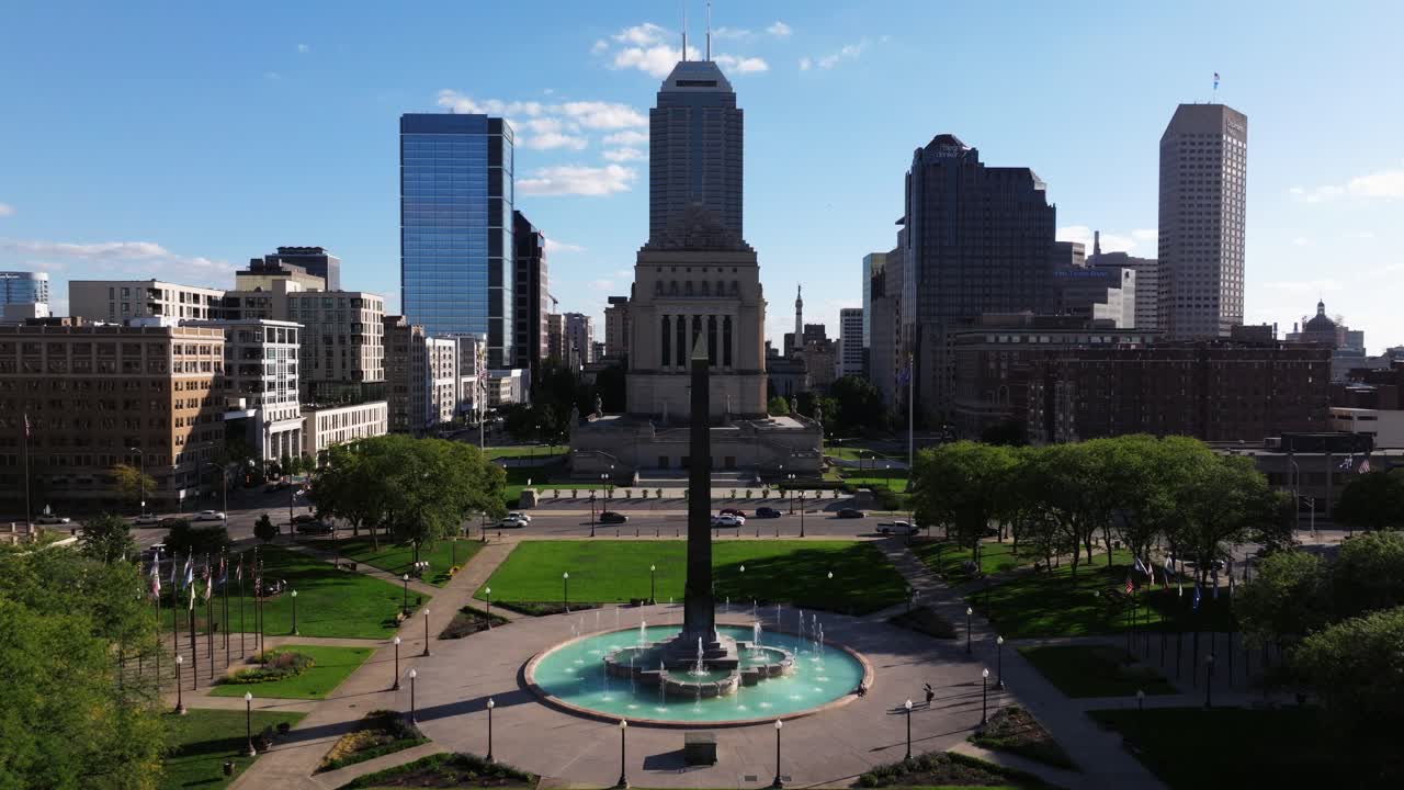 Aerial Pullback Reveals Obelisk Square at Indiana War Memorial Plaza