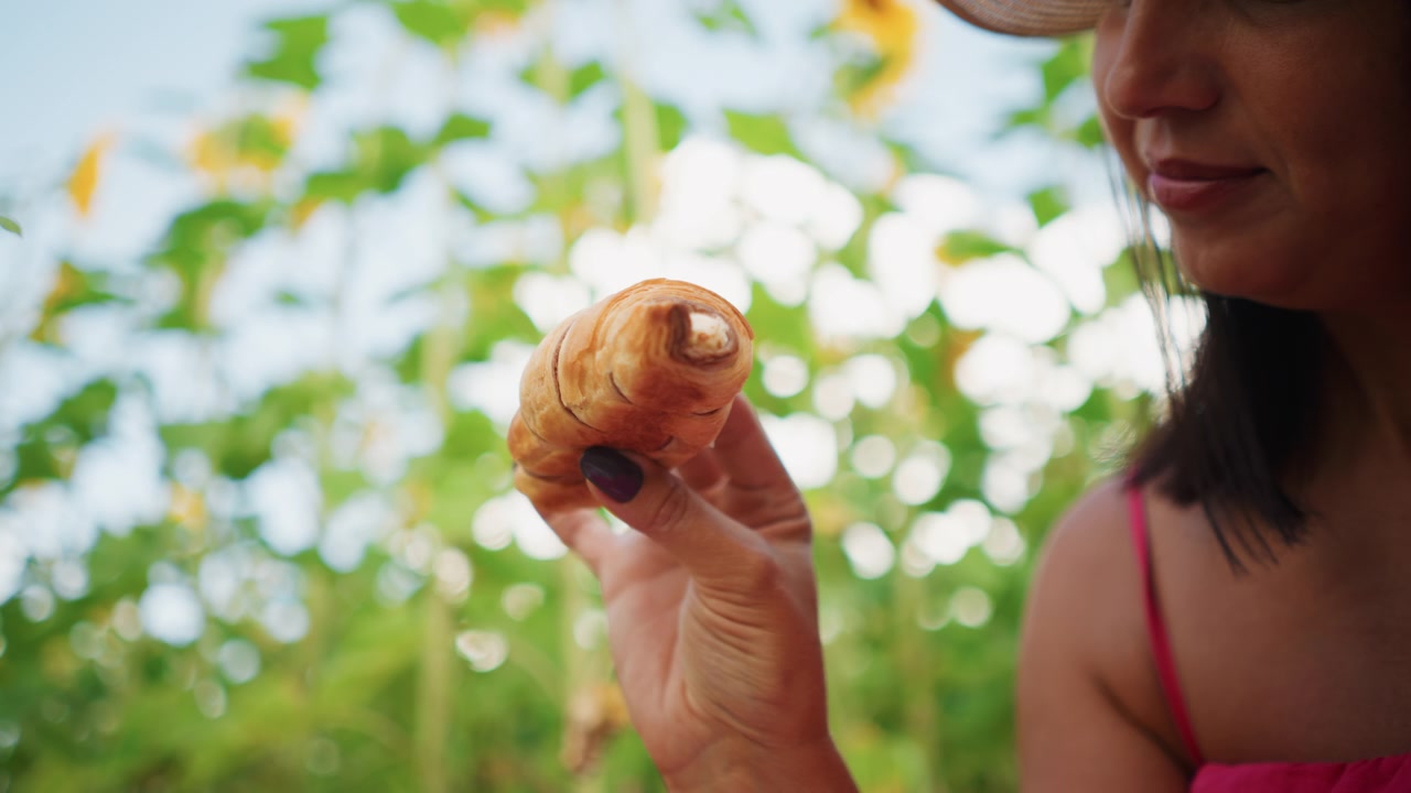 Close up of woman holding and examining pastries in outdoor setting. subject displays croissants highlighting their golden brown texture while wearing dark nail polish and pink clothing