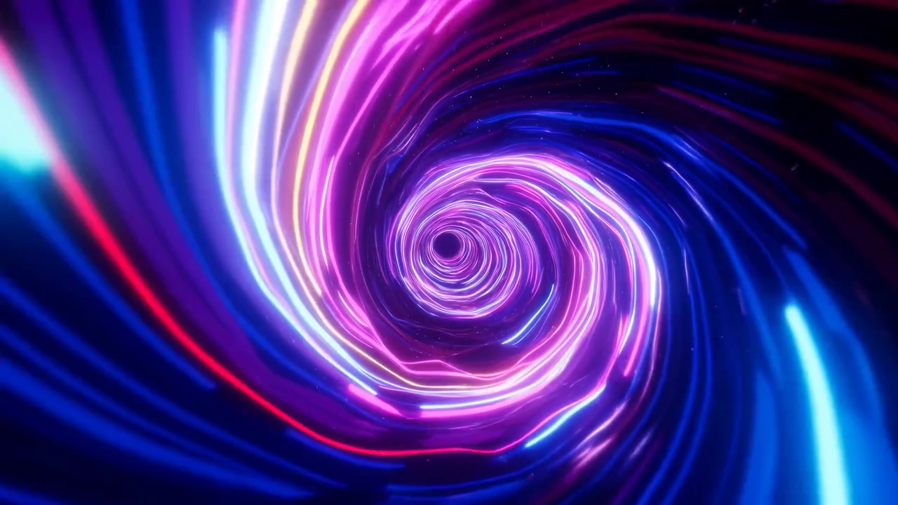 Lyse lysende striper roterer gjennom en dyp blå og svart spiral, skiftende rundt den sentrale åpningen mens lagdelte rosa, cyan, fiolette og varme linjer skaper flytende dybde