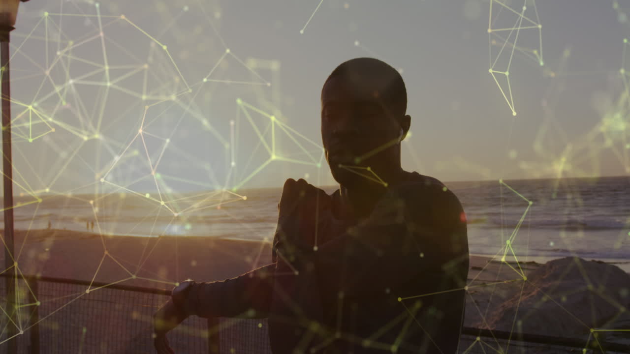 Animation of network of connections over exercising african american man