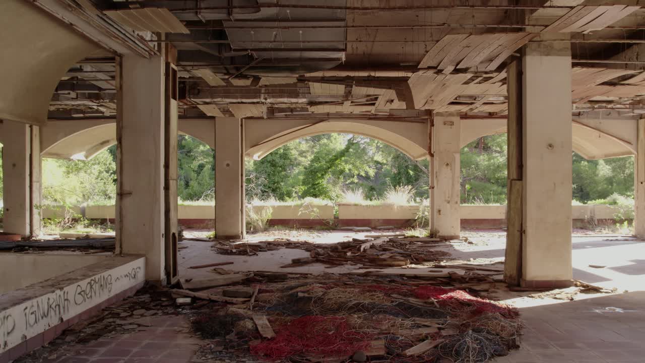 Bird’s-eye shot of a crumbling resort lost to time, Kupari, Croatia