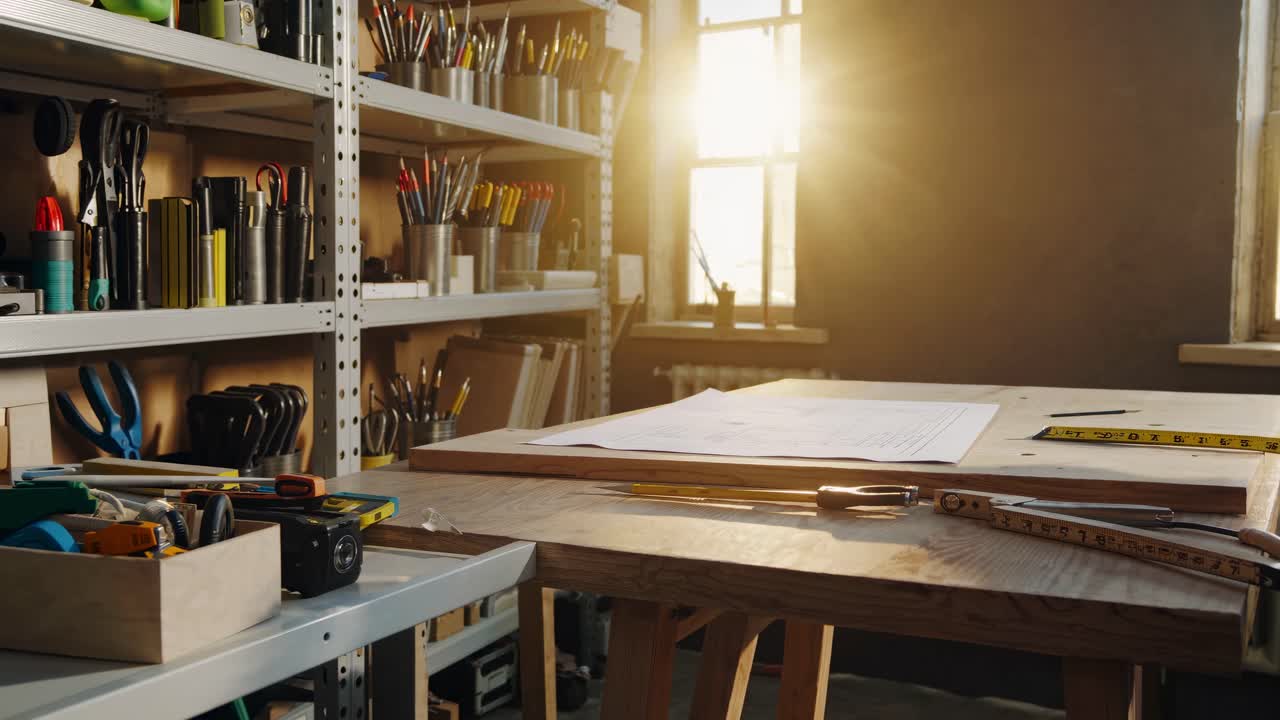 Warm, sunlit workshop scene captured at eye level, showcasing tools and plans on a wooden table