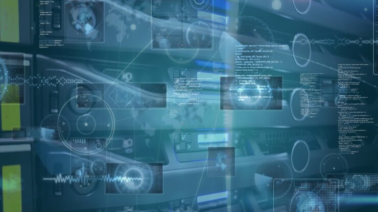 Animation of round scanners and data processing against close up of a computer server