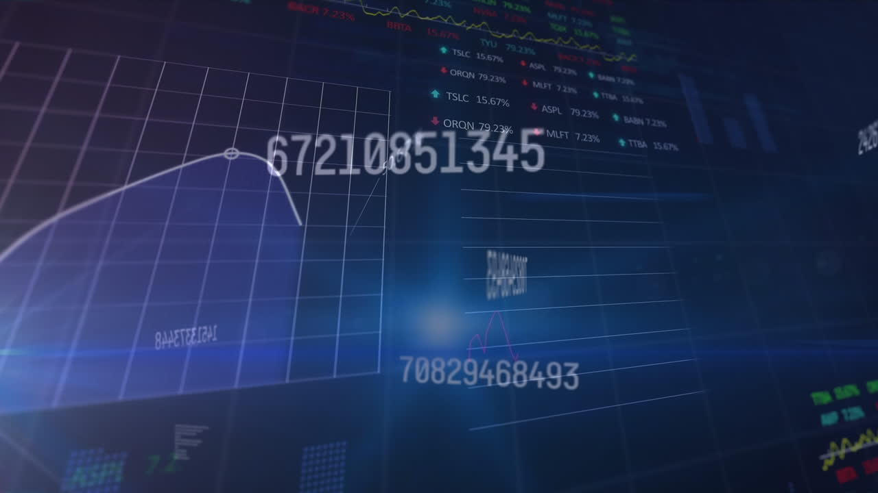 Animación de números cambiantes, procesamiento de datos estadísticos y del mercado de valores sobre un fondo azul