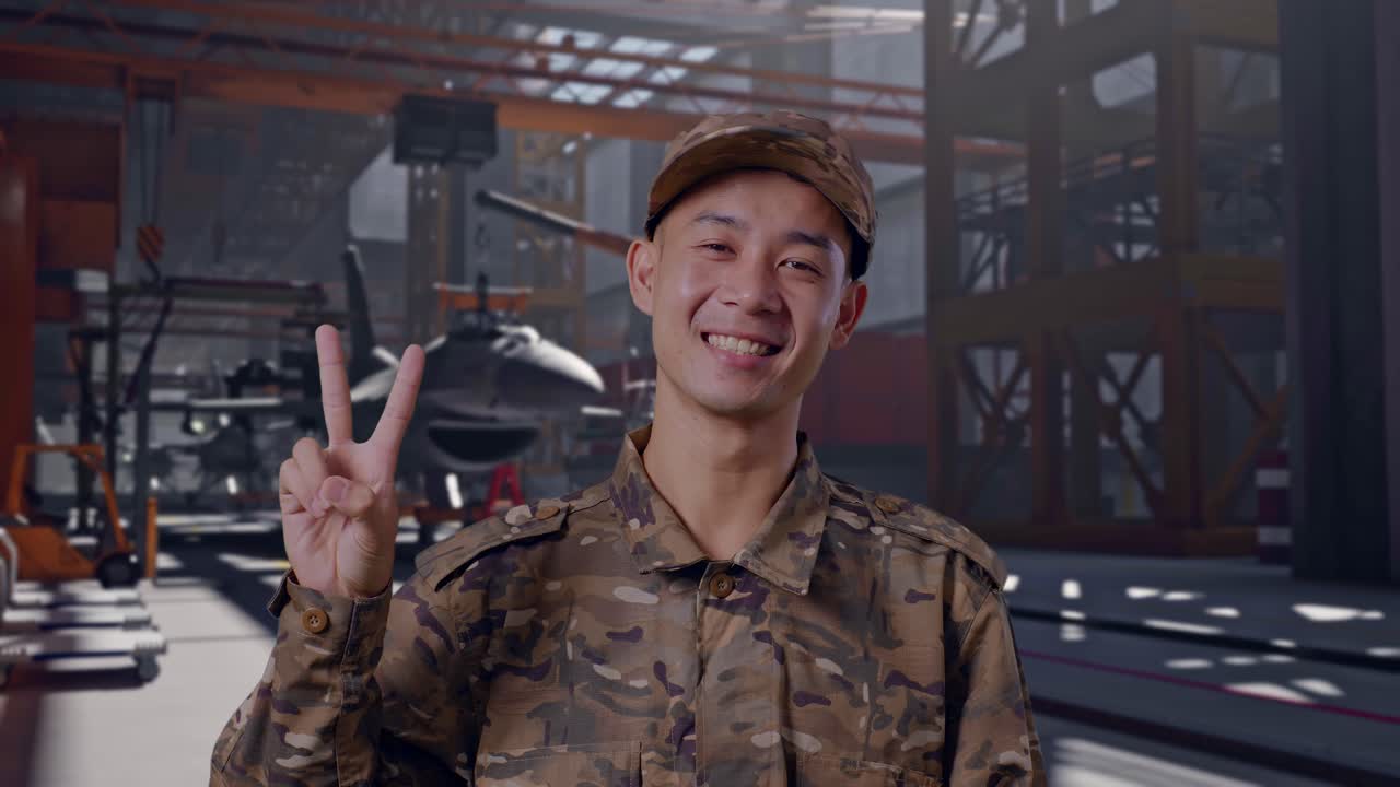 Soldato asiatico sorridente che fa il segno della pace in un hangar militare