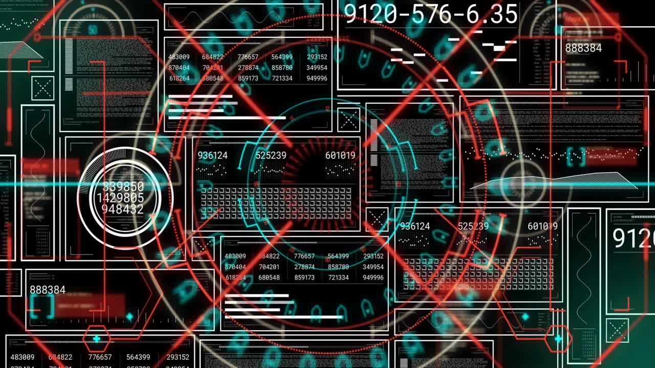 HUD dashboard performing tech scan after central ring pulse, updating numeric panels and charts