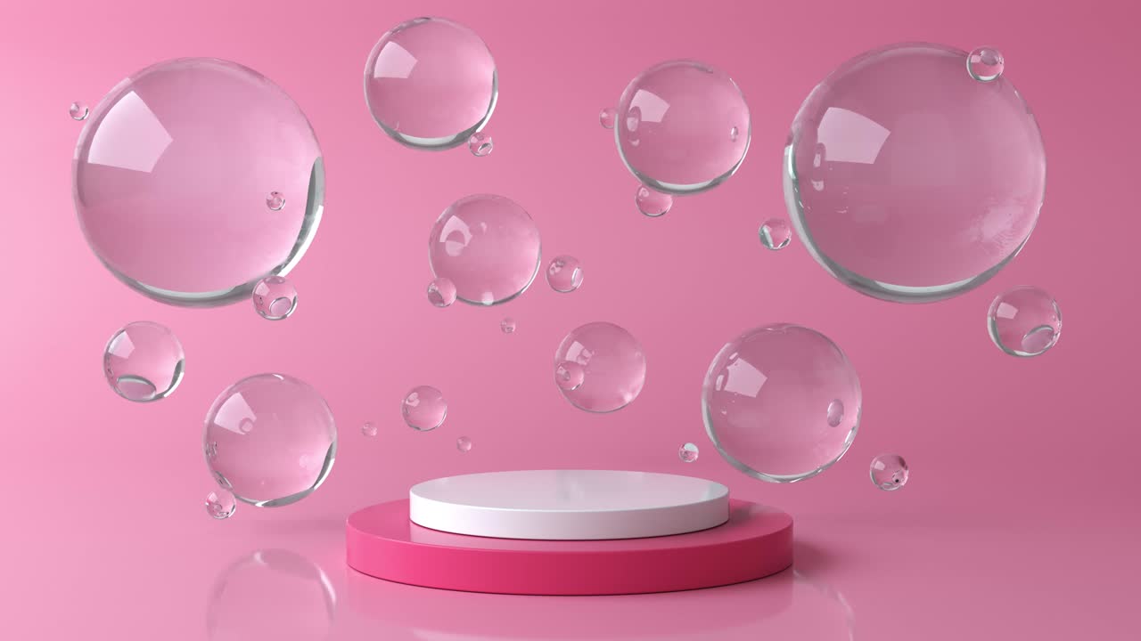 escenario redondo rosa y blanco, pedestal o podio y burbujas o esferas de agua y vidrio. publicidad de fondo pastel rosa. fondo o maquillaje para cosméticos o moda. animación 3d en 4k