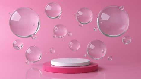 pink and white round stage, pedestal or podium and water and glass bubbles or spheres. pink pastel background advertisement. background or mock up for cosmetics or fashion. 3d animation in 4k