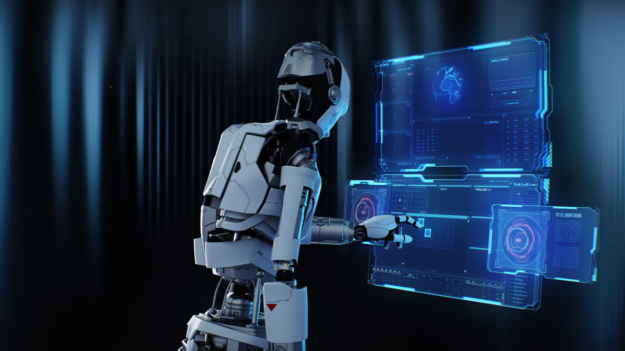 Robot interacting with a futuristic interface