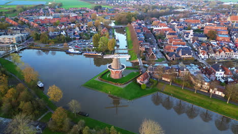 aerial view: city of dokkum with the windmill in the center of the town