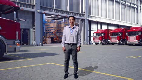 full body of an asian male professional worker standing, outside of logistics distributions warehouse, he look at the camera and smiling