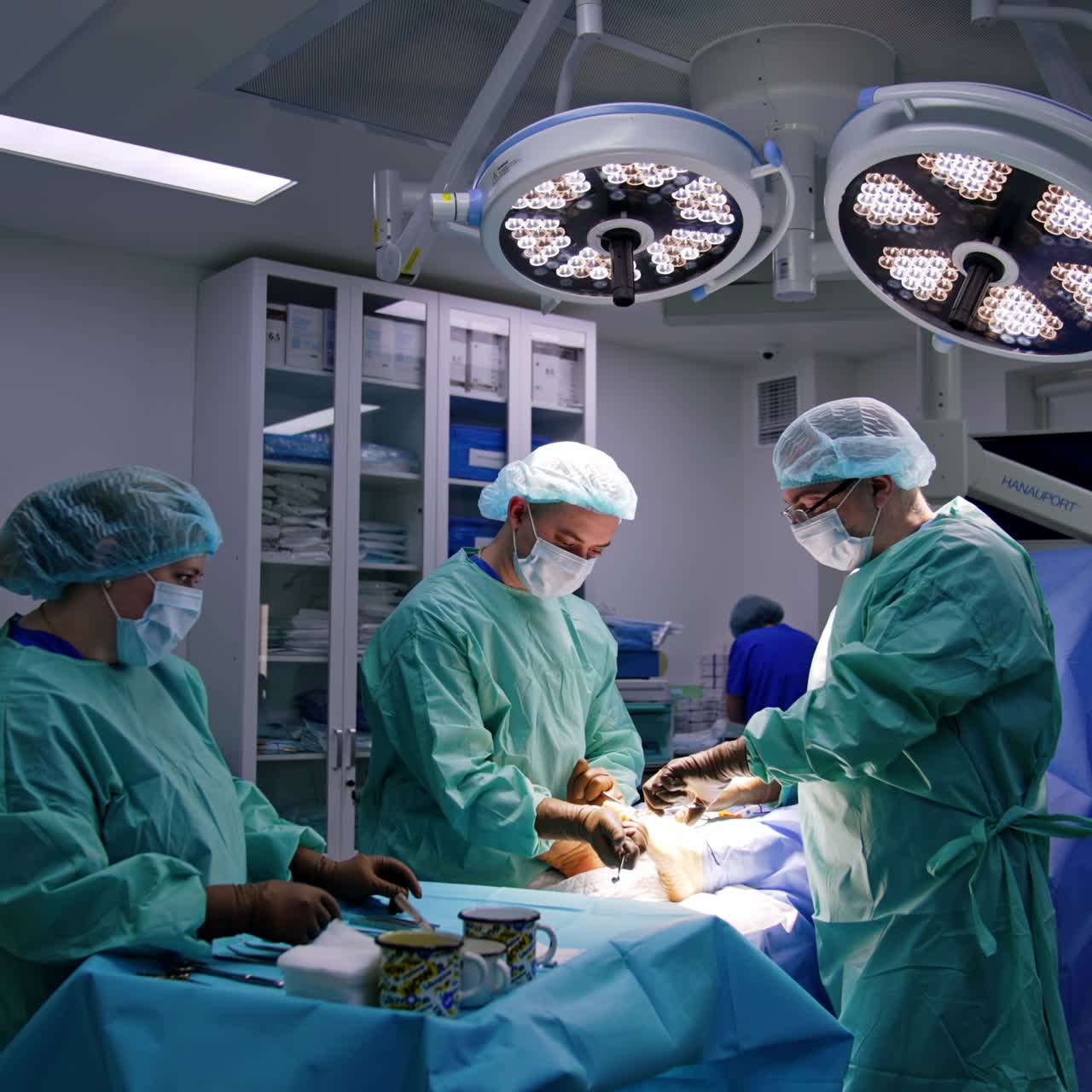 To kirurger opererer patienten med traume i foden. En kvindelig assisterende sygeplejerske står ved stativet med instrumenter.