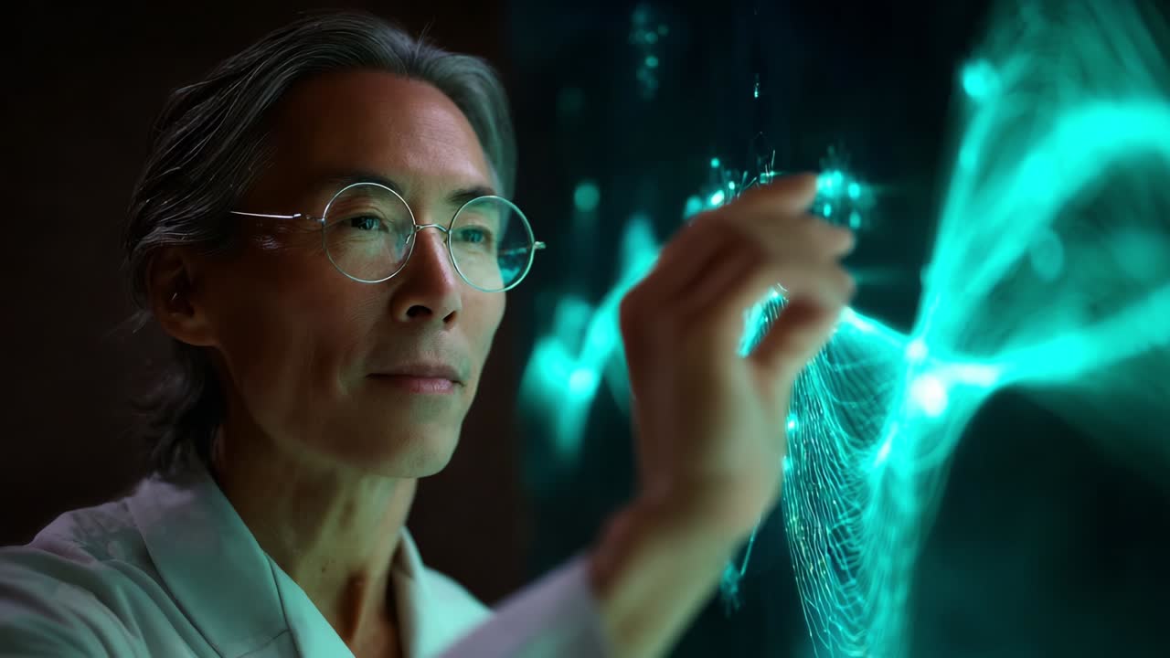 A focused scientist engages with a complex digital display, showcasing intricate visualizations of data and patterns, emphasizing the intersection between technology and innovative research