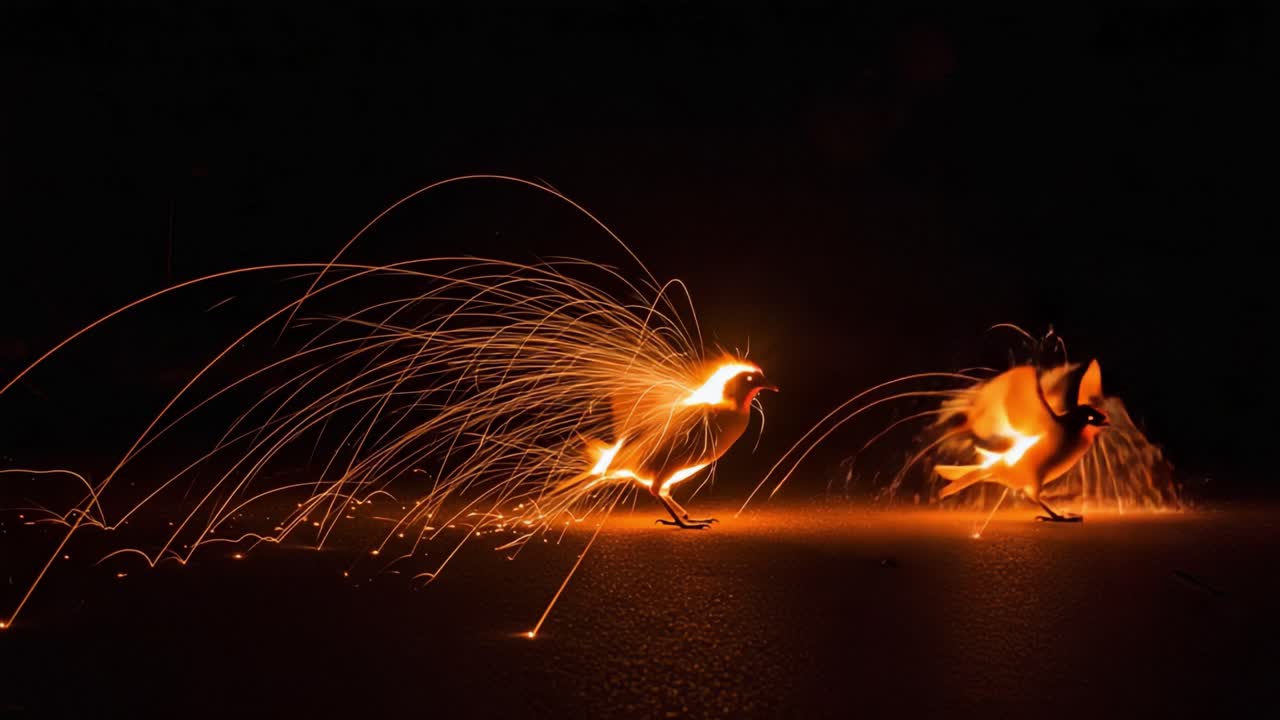 Fiery Birds Dancing in the Dark: A Stunning Display of Light and Movement Captured in Two Frames of a Magical Transformation