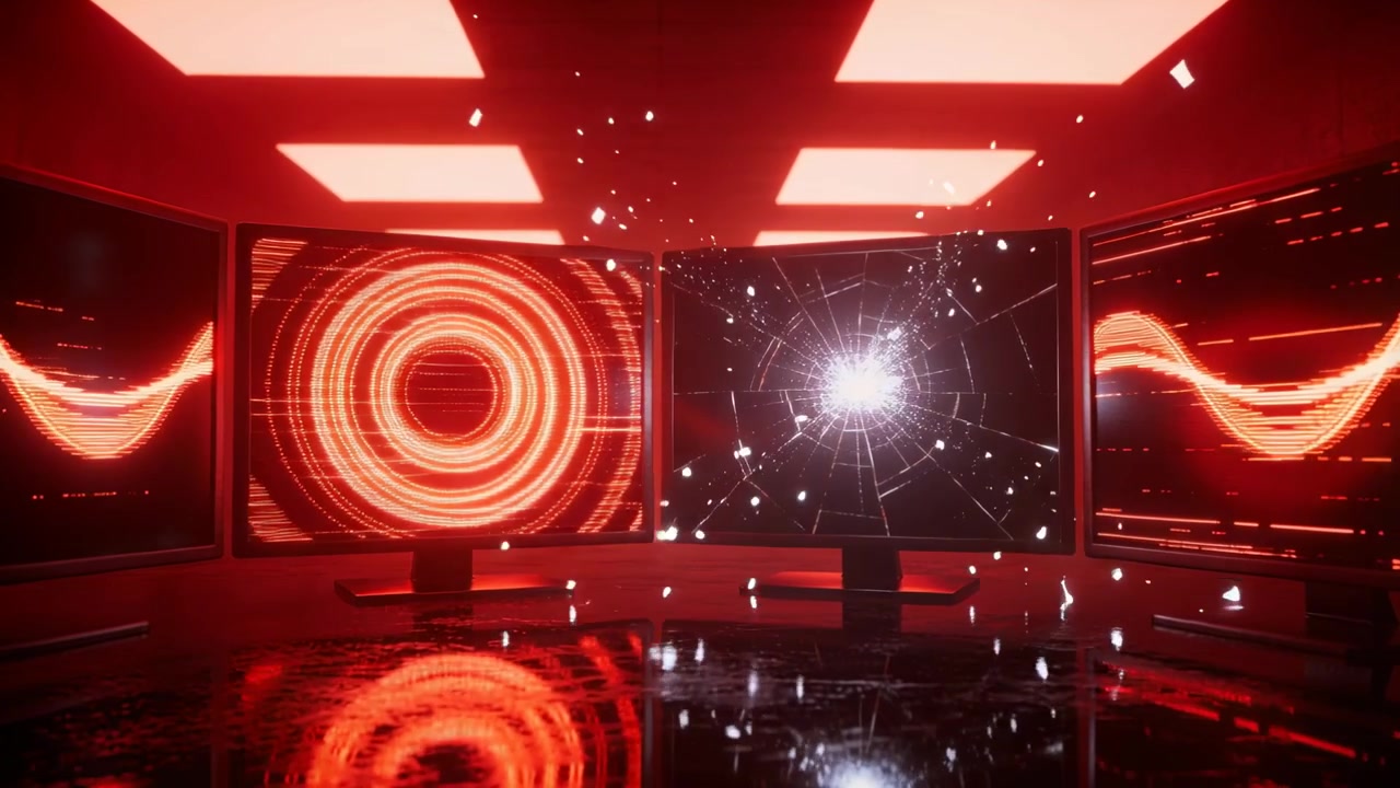 Punto luminoso scintillante che causa la rottura di tre monitor curvi e l'emissione di schegge in una sala di controllo rossa.