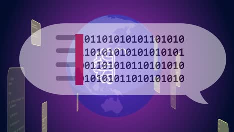 Animation-of-ai-chat-and-data-processing-over-globe-on-purple-background