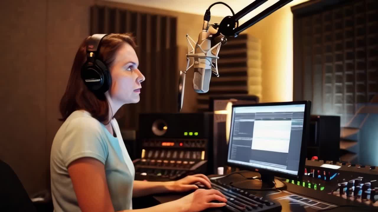 A woman in a professional audio studio, seated at a sleek computer, recording podcast.