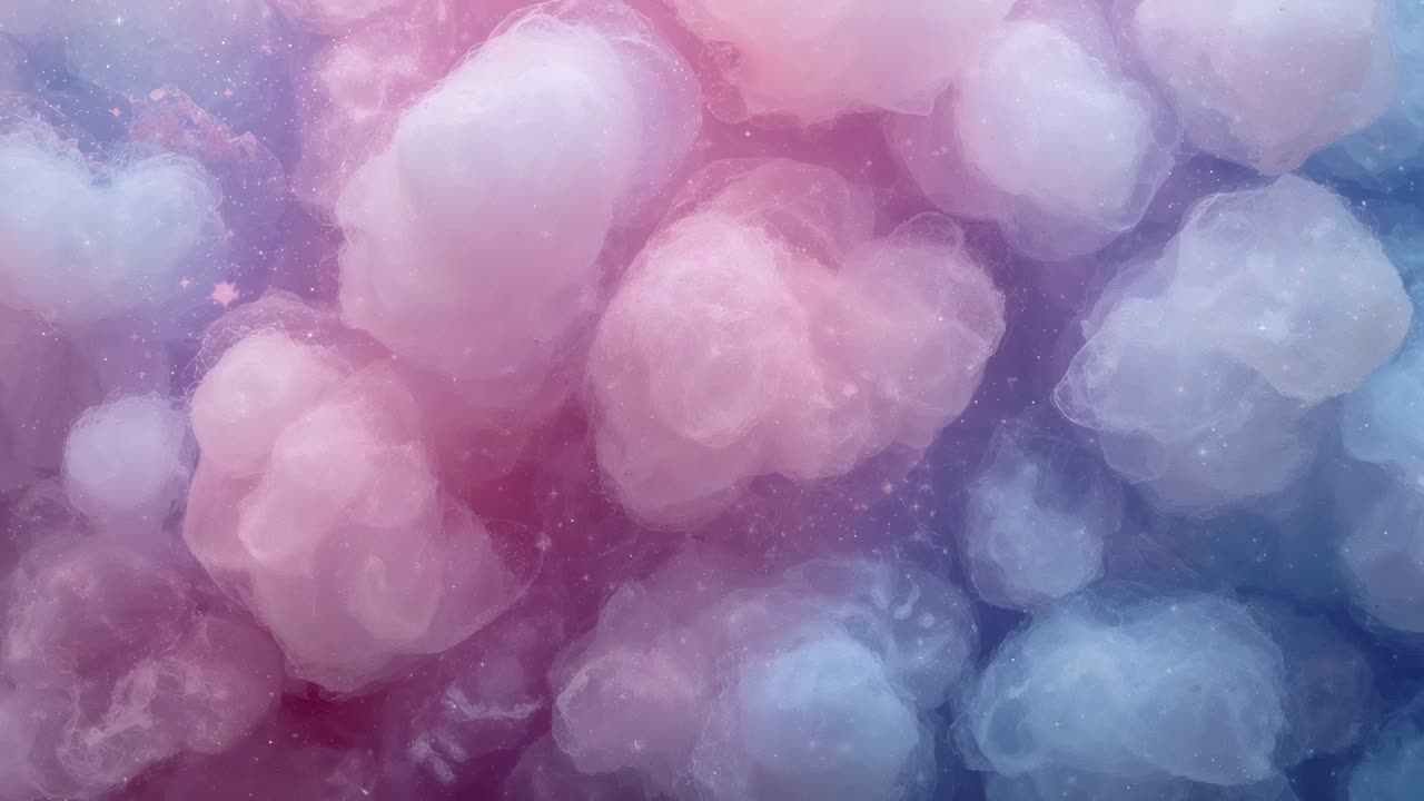 Pulsing pastel cloud reacting to pulse, drifting inward in soft nebula, with sparkles, calming mood