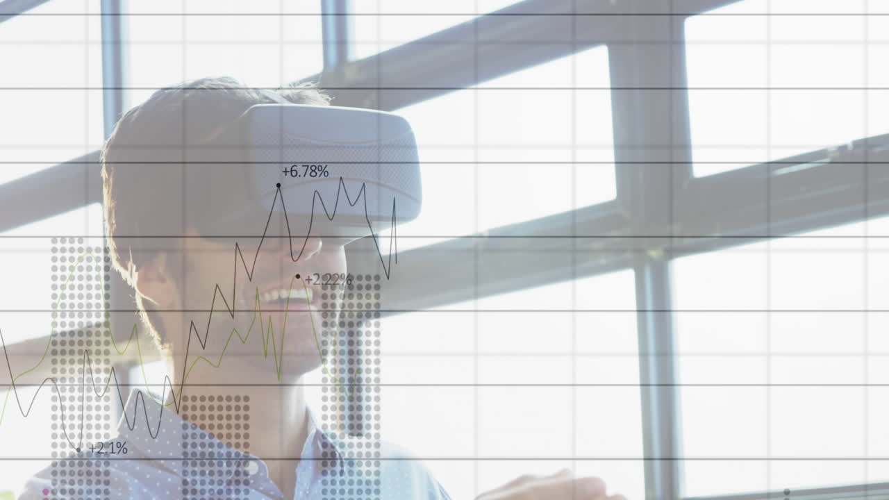 animación del procesamiento de datos financieros sobre el hombre de negocios usando auriculares vr