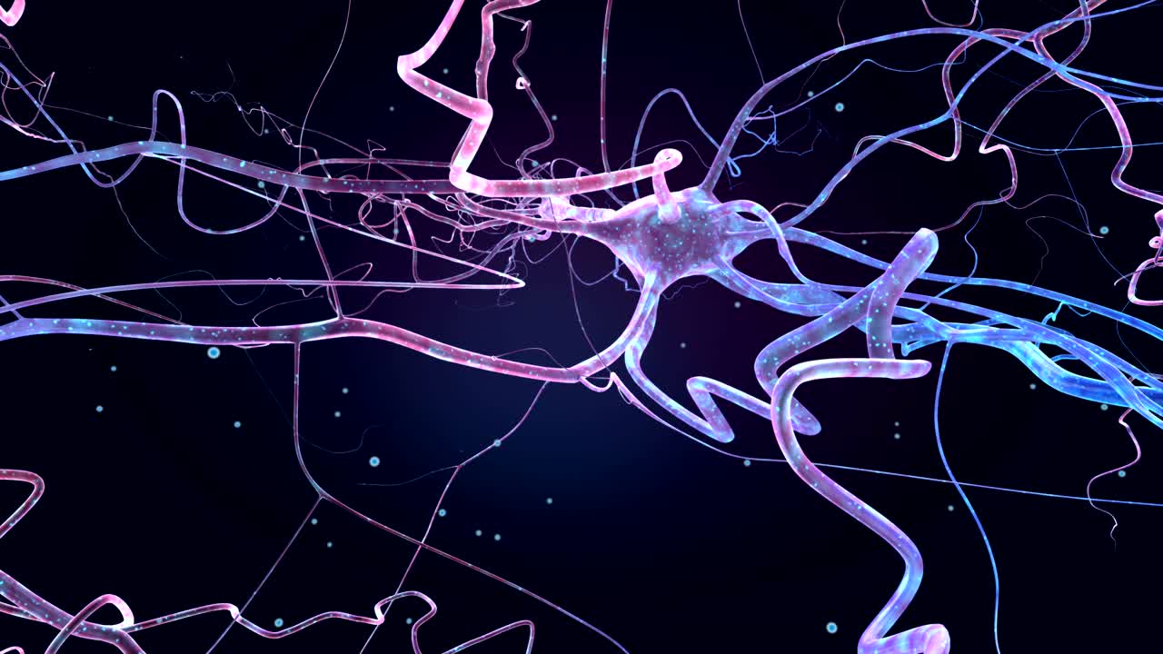 Spazio blu profondo con neuroni, animazione 3D.