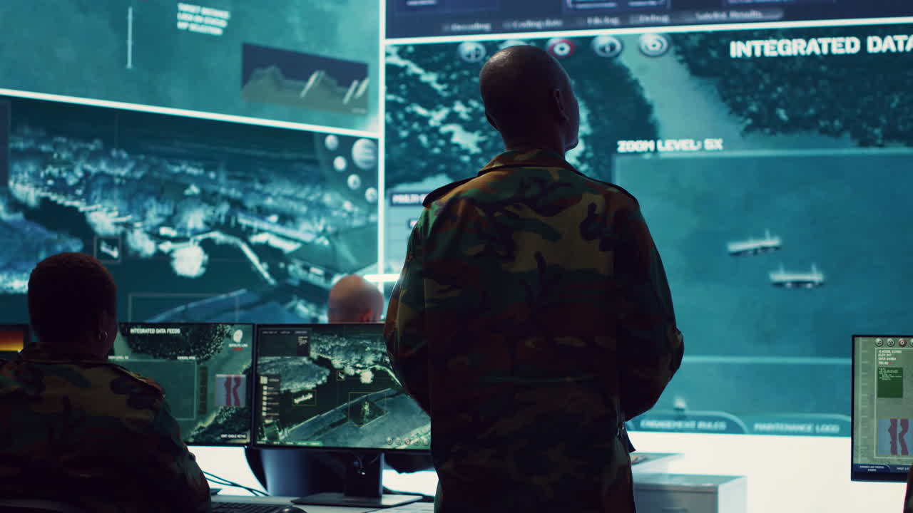 Commander and his crew operating radar systems via CCTV and satellite