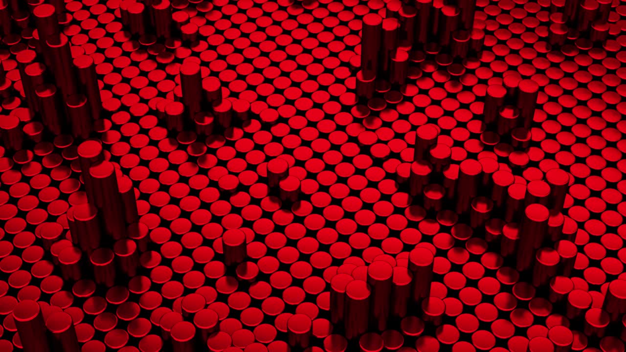 실린더와 함께 추상적인 빨간 금속 크롬 배경, 세라 둥근 타일, 기하학 패턴, 무작위 세포, 다각형 반이는 표면, 미래 추상화, 4k의 원활한 루프 3d 애니메이션