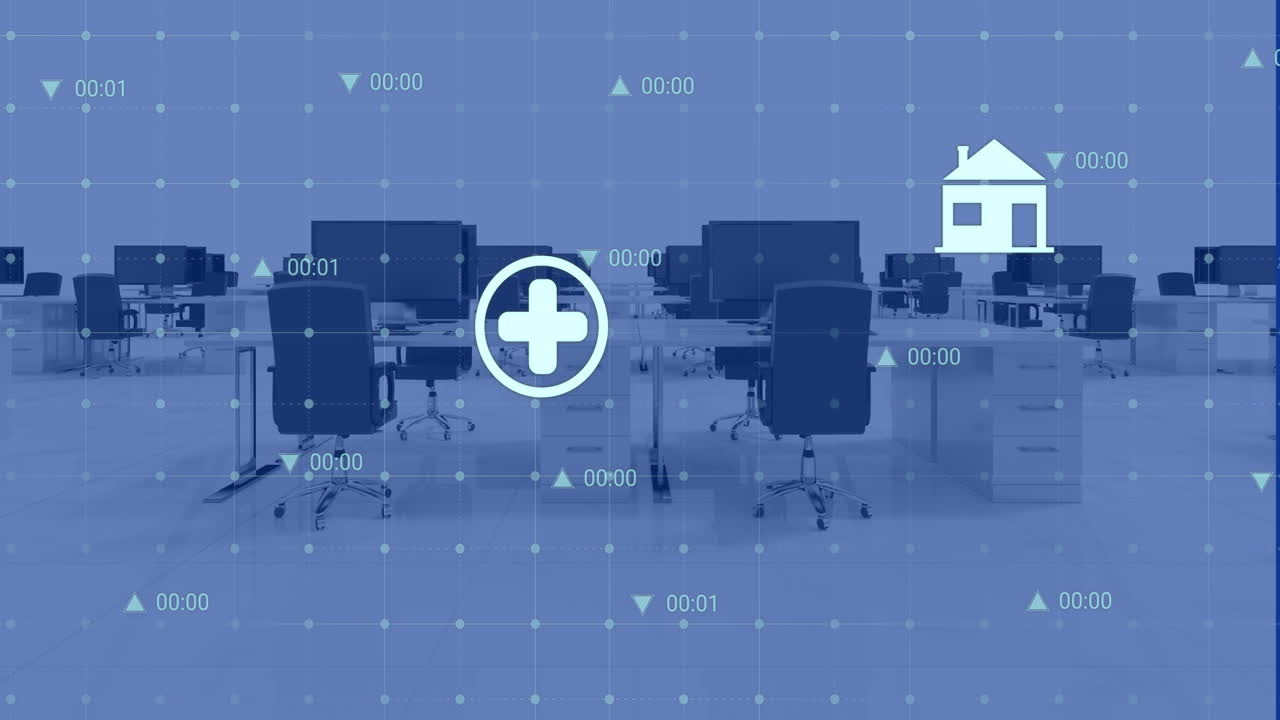animación de iconos digitales y procesamiento de datos a través de la red de red contra la oficina vacía.