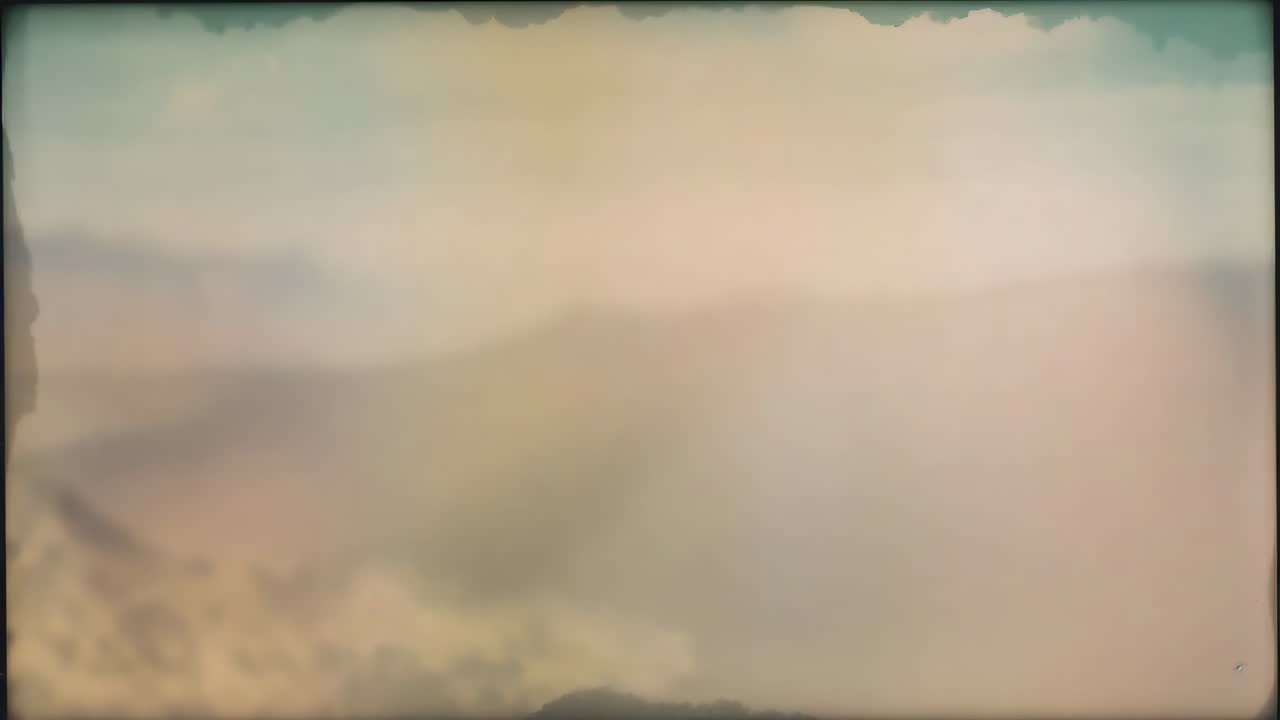 Drifting fog revealing mountain ridge at summit, breeze stirring plume, turquoise sky, vignette