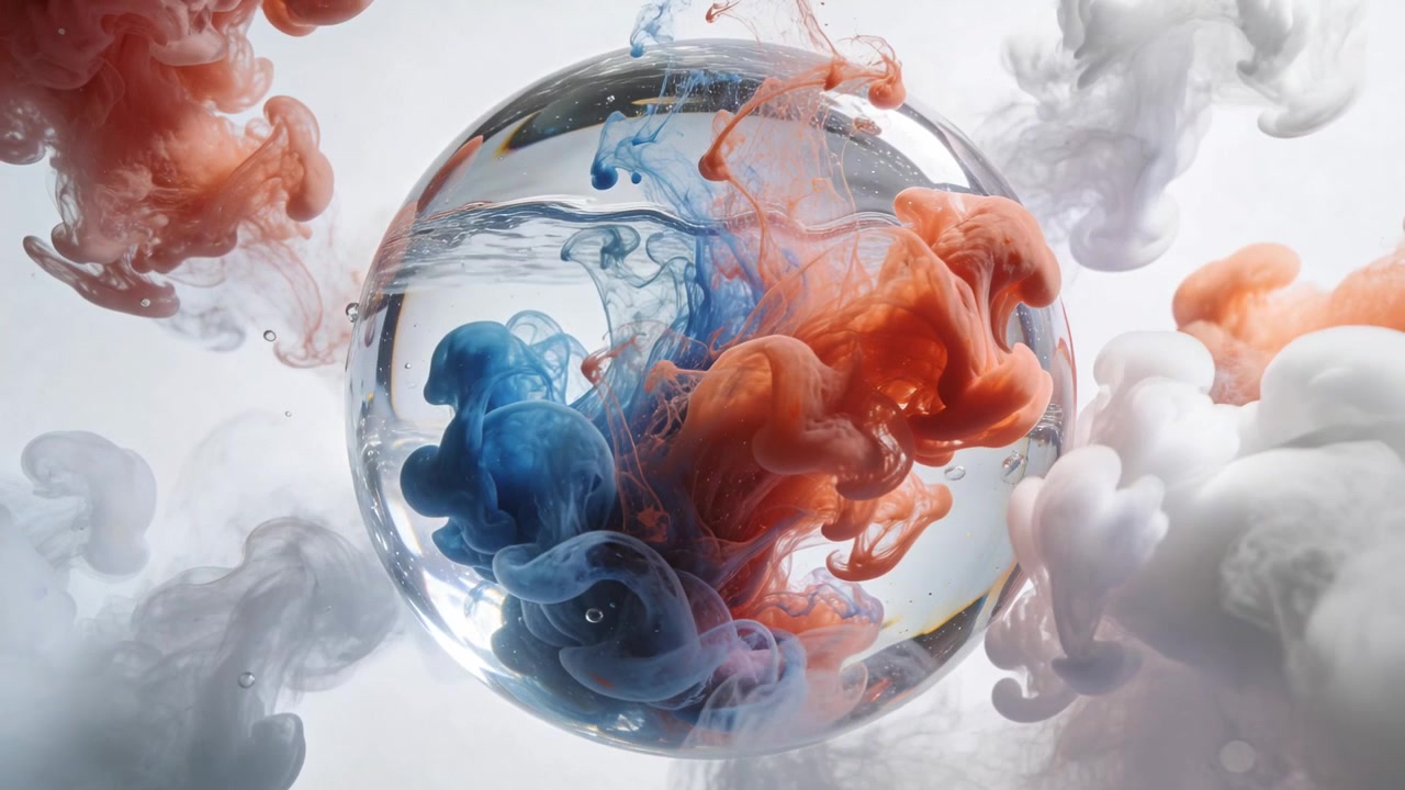 Billowing cobalt and orange-red pigments upon injection into glass sphere, forming plumes in studio