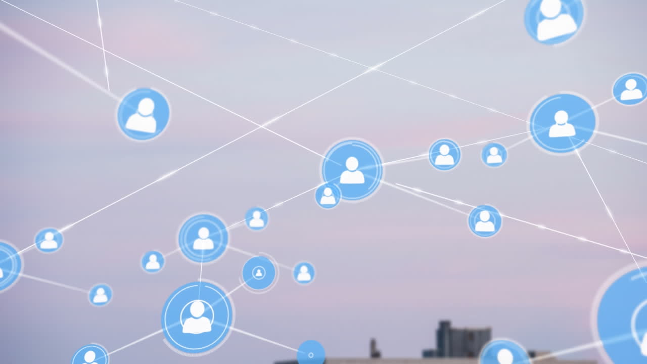 도시 풍경 위의 사람 아이콘과의 연결 네트워크의 애니메이션