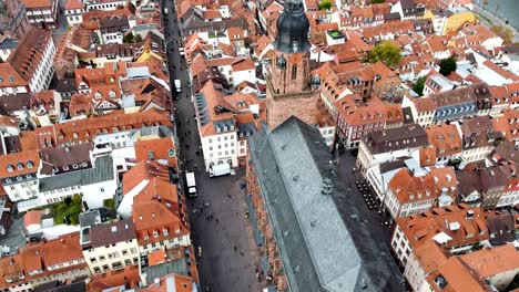 Aerial-View,-Church-of-the-Holy-Spirit-in-Center-of-Heidelberg-Old-Town-Germany