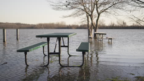 static slomo shot of flooded picnic table area