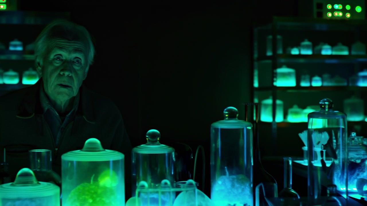 Scena di laboratorio, ambiente di laboratorio statico con una persona, in un contesto di laboratorio con attrezzature e illuminazione verde, con beute chimiche, provette, attrezzature di laboratorio, dettagli chiari