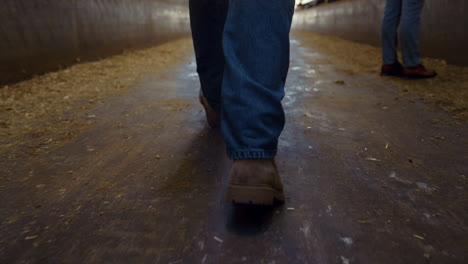 closeup farmer boots strolling wooden shed aisle. agricultural team at work.