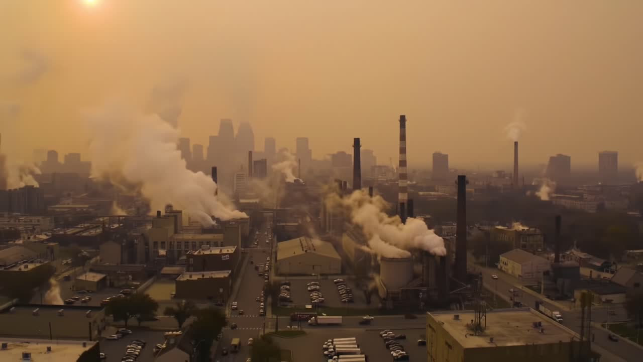 Urban Landscape Shrouded in Haze: Industrial Emissions and City Skyline Under a Smoky Atmosphere at Sunset