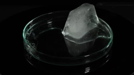 sequence showing ice cube melting in a glass dish.