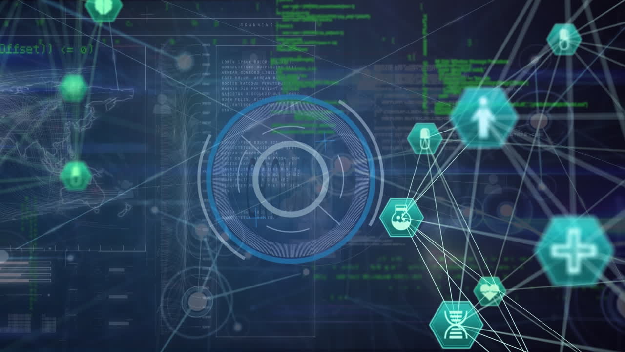 animación de la red de conexiones con iconos sobre el procesamiento de datos sobre fondo negro
