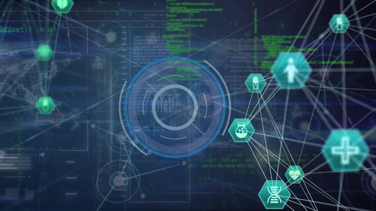 Animation of network of connections with icons over data processing on black background