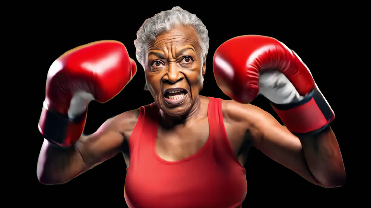 Animação de luvas de boxe de mulher idosa, ativo isolado, vídeo 4K transparente, canal alfa, ProRes