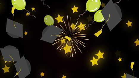 animación de globos volando y sombreros de graduación sobre estrellas en el fondo
