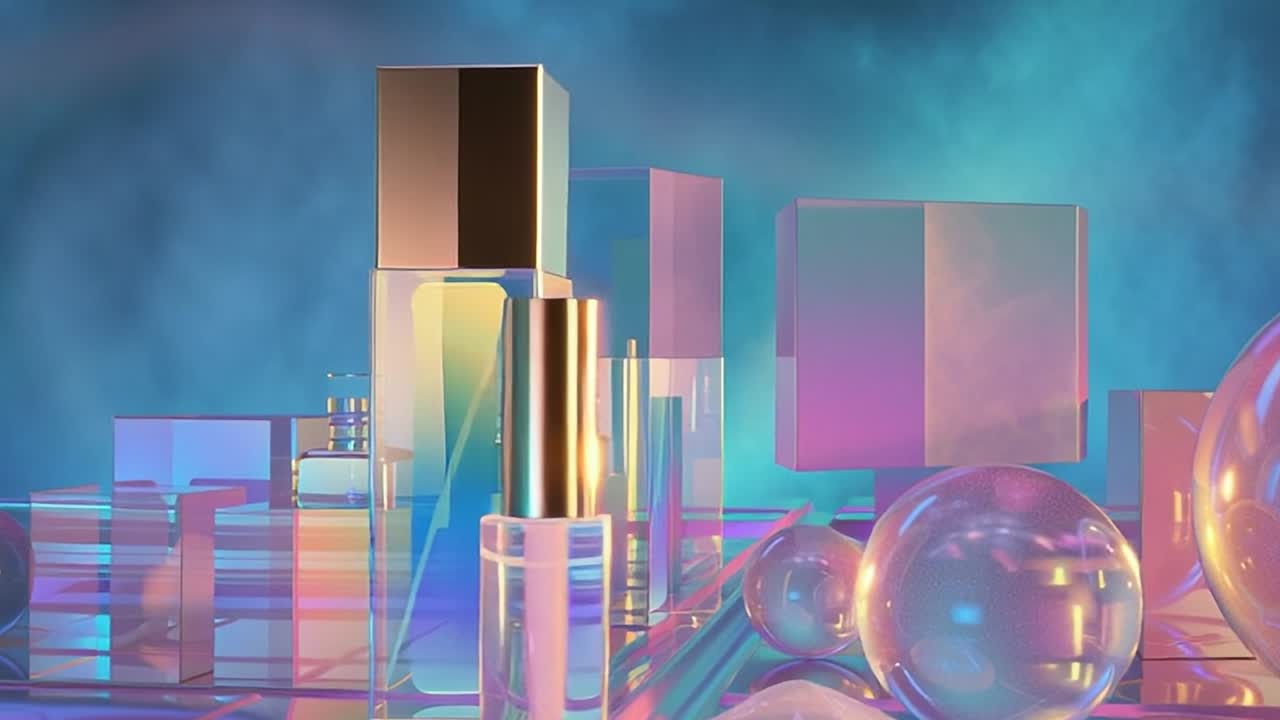 Colori e riflessi di moderni flaconi di profumo su uno sfondo vivace.