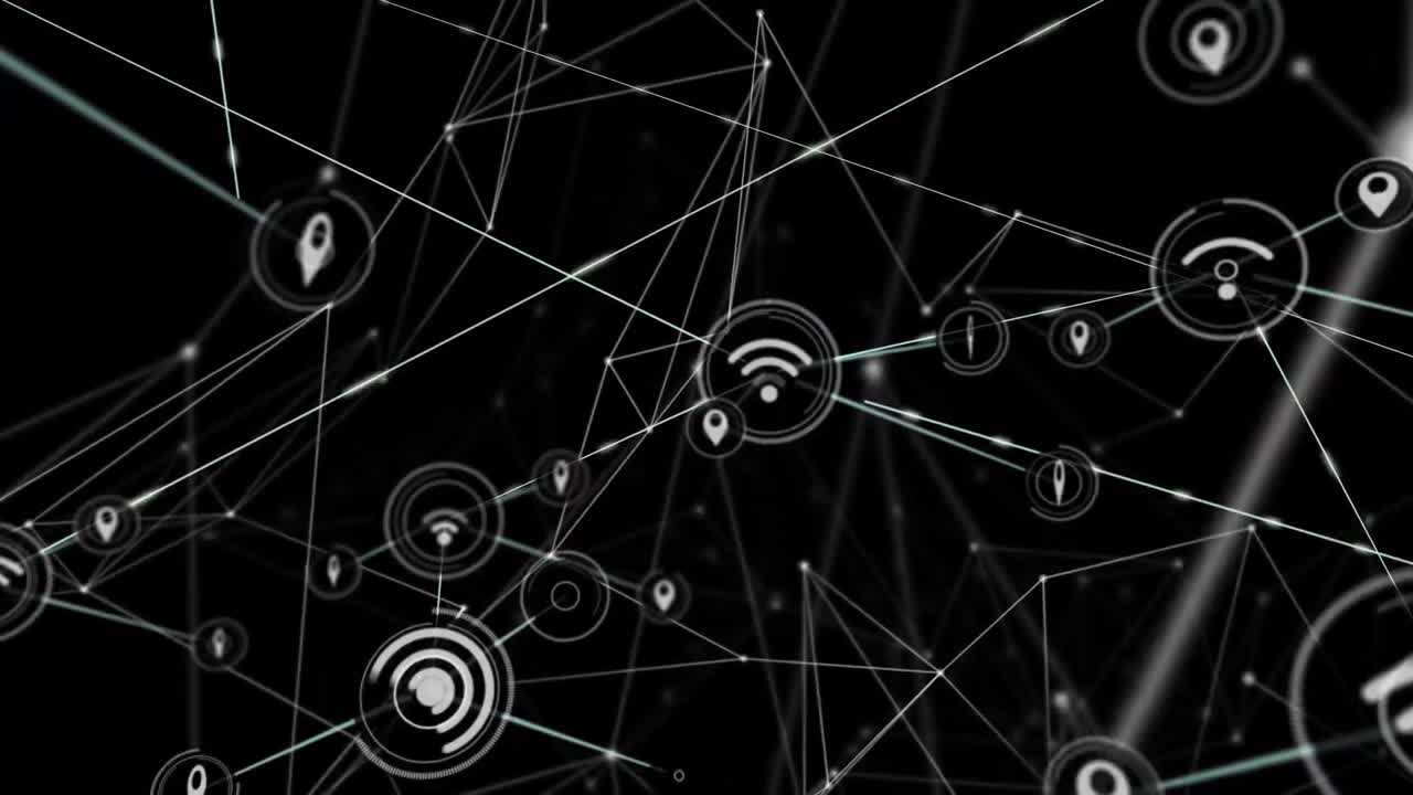 animación de la red de conexiones con iconos en fondo negro