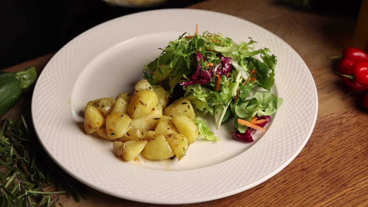 Patate arrosto e insalata fresca servite su un piatto bianco.